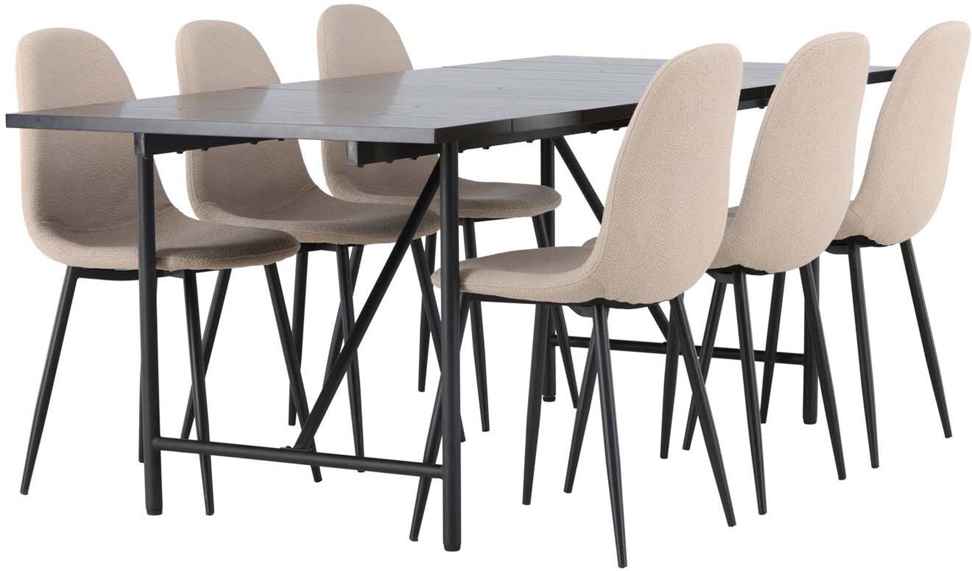 Elegantes Esszimmerset Astrid + Polar: 200cm Tisch mit mattschwarzer MDF-Oberfläche und 6 stilvollen Samt-Stühlen in Beige. Ideal für gesellige Anlässe!