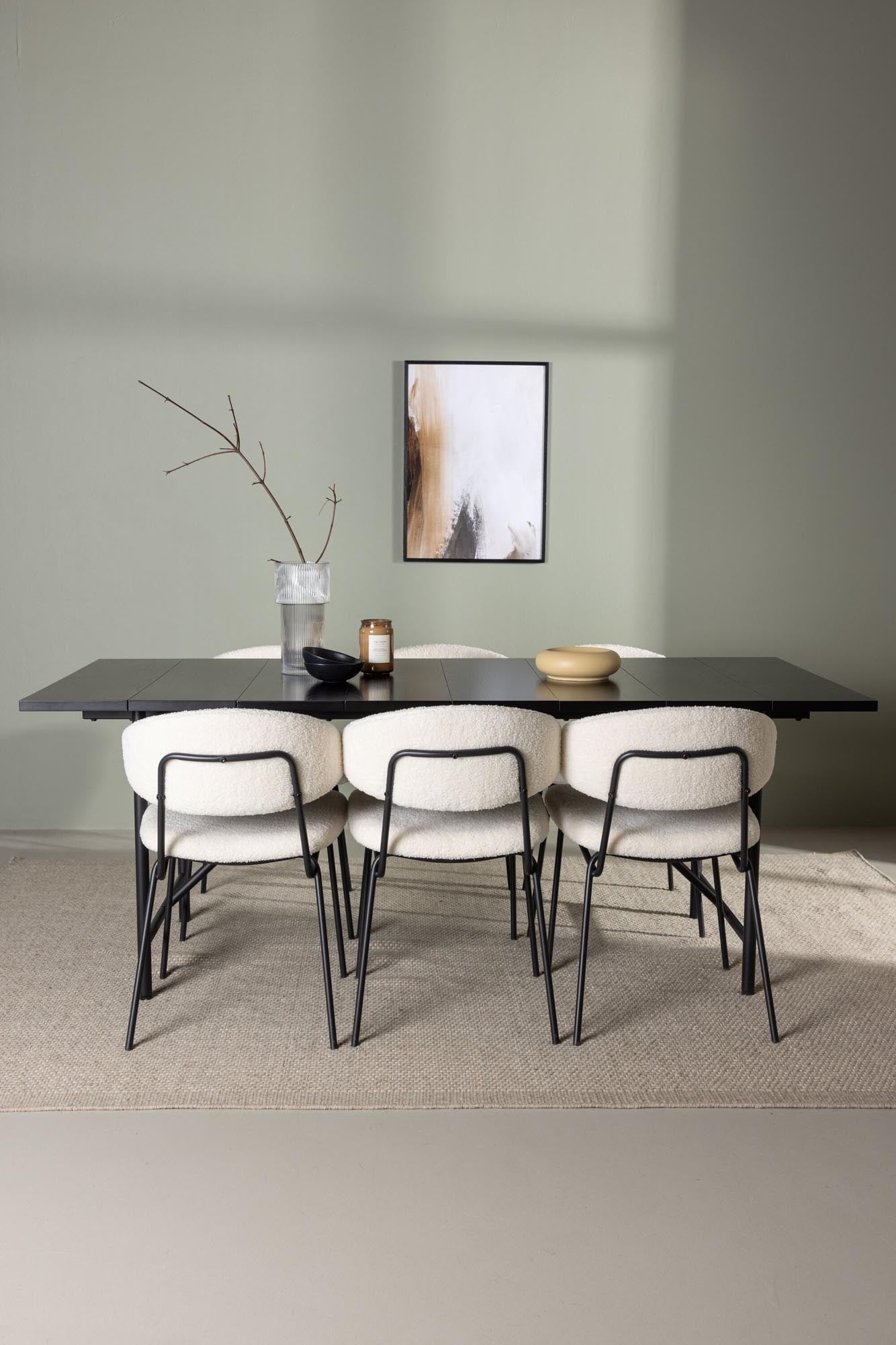 Modernes Esszimmerset "Astrid und Chico" mit 200cm Tisch, mattschwarzer MDF-Platte und 6 bequemen Bouclé-Stühlen.