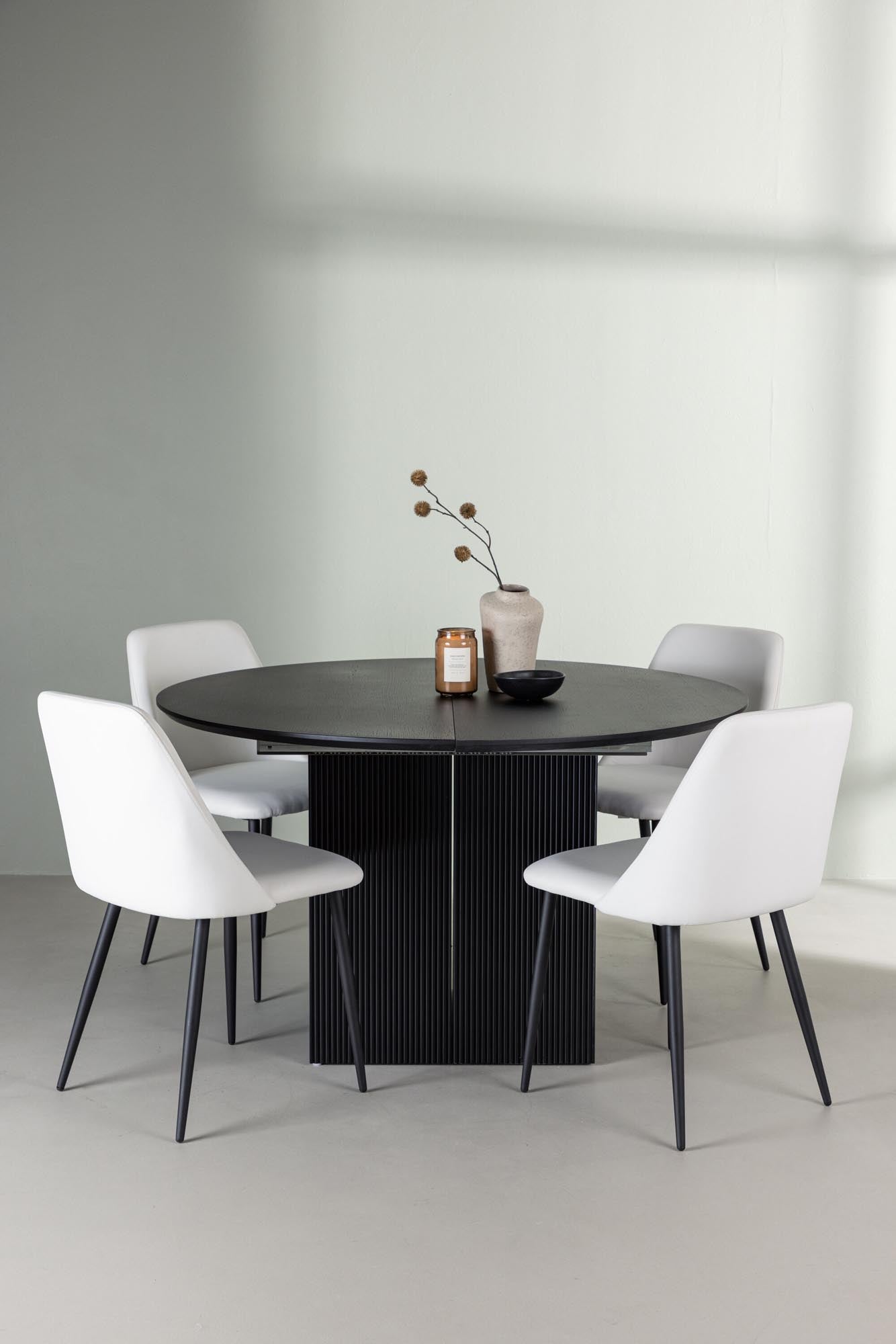 Elegantes Matilda Esszimmerset mit runden Tisch (130cm) und 4 komfortablen Samtstühlen. Ideal für stilvolle Essbereiche.