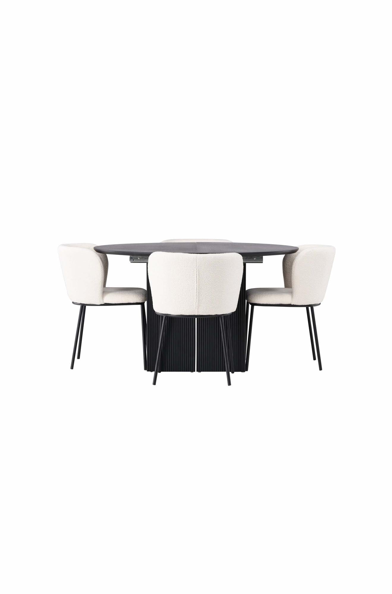 Entdecken Sie das stilvolle Matilda Esszimmerset + Edina von Venture Home. Eleganter runder Tisch und bequeme Bouclé-Stühle für jeden Anlass.