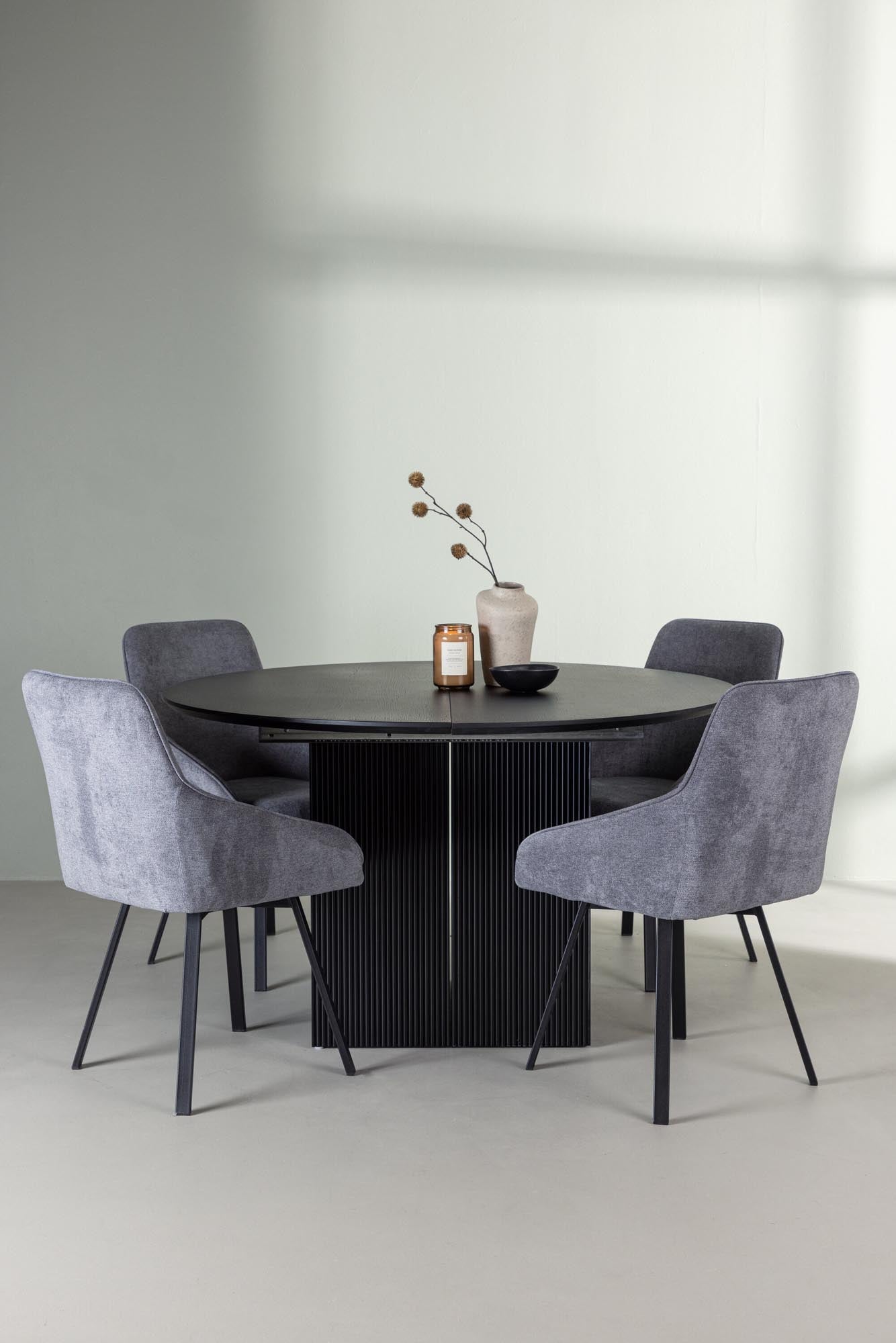 Elegantes Matilda Esszimmerset mit ausziehbarem Rosie Tisch (⌀130cm) und 4 skandinavischen Stühlen für Komfort und modernes Design.