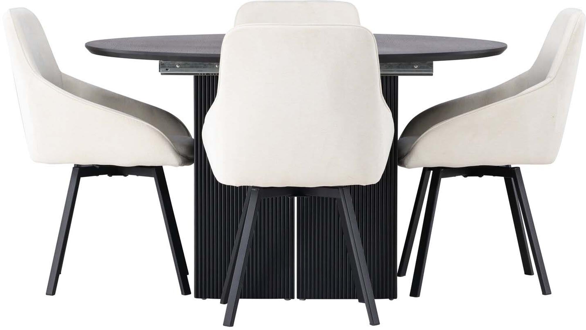 Entdecken Sie das Matilda Esszimmerset + Rosie von Venture Home: eleganter Esstisch ⌀130cm, skandinavische Stühle, Komfort & Stil vereint.