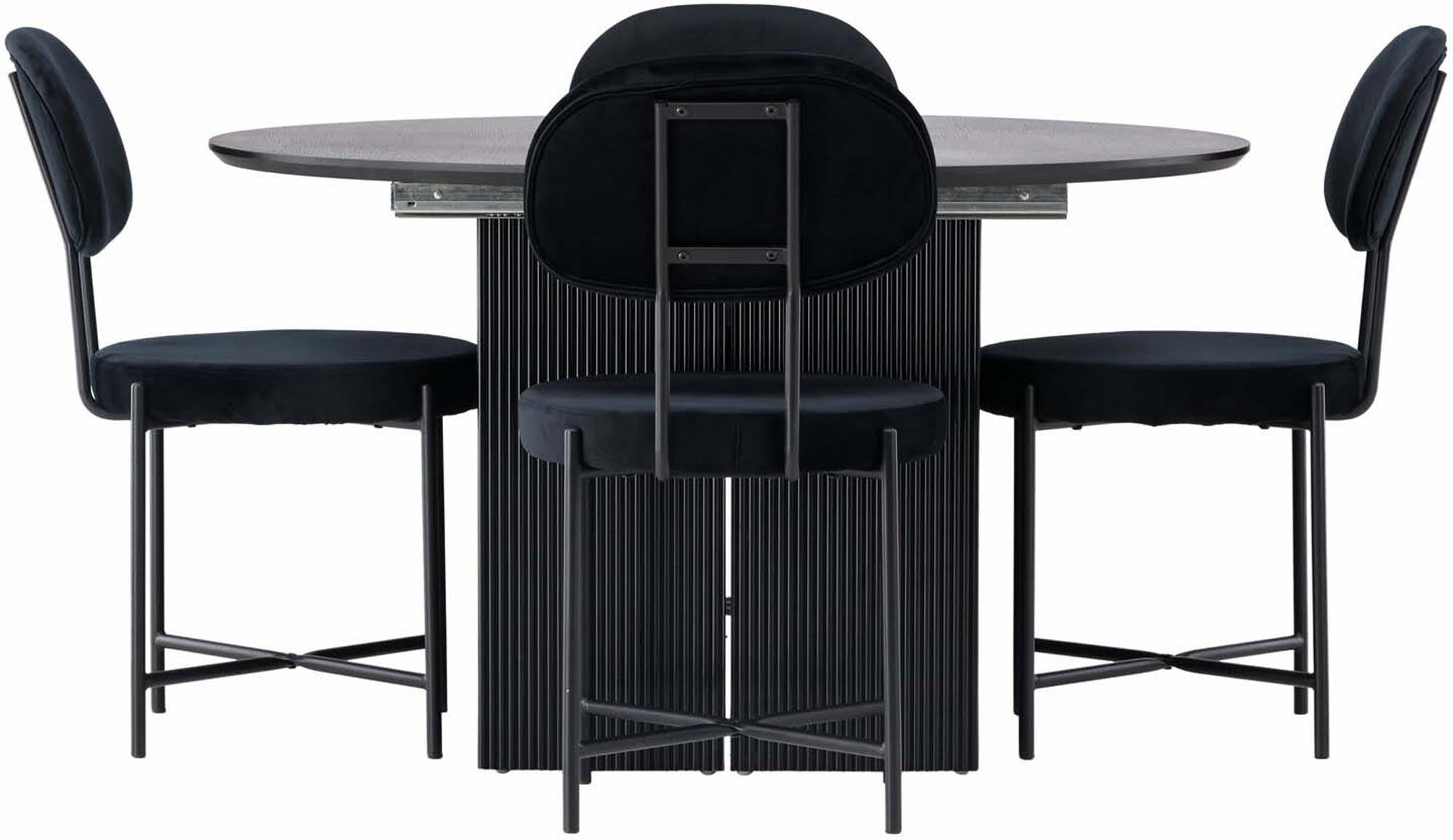 Elegantes Matilda Esszimmerset: Skandinavisches Design, ausziehbarer Tisch, schwarze Samtstühle, ideal für stilvolle Anlässe.