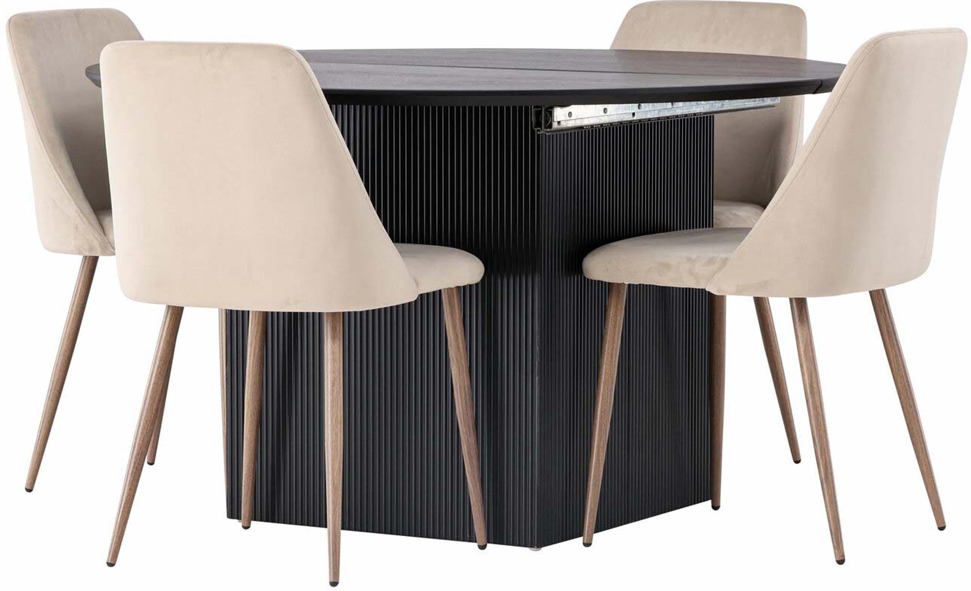 Stilvolles Matilda Esszimmerset mit 130 cm rundem Tisch und 4 gepolsterten Samtstühlen. Perfekt für gesellige Anlässe und elegantes Wohnen.