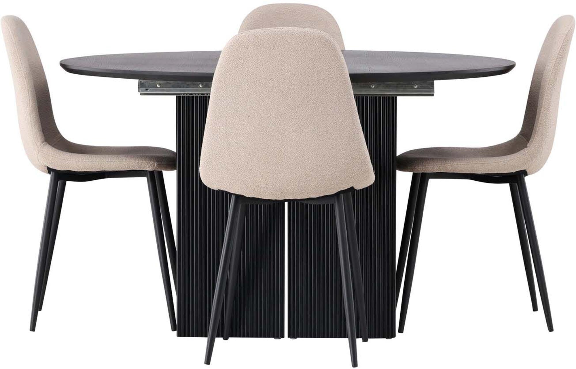 Entdecken Sie das Matilda Esszimmerset + Polar von Venture Home: eleganter runder Esstisch mit Ausziehfunktion und komfortable Polar-Stühle. Ideal für stilvolle Dinner!