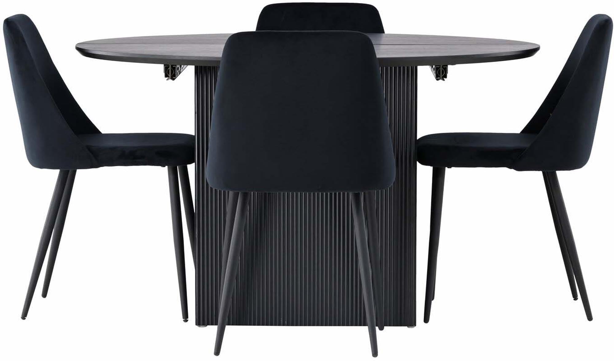 Stilvolles Matilda Esszimmerset: Runder Tisch (130 cm) mit Ausziehfunktion und komfortablen Samtstühlen in elegantem Schwarz für jeden Anlass.