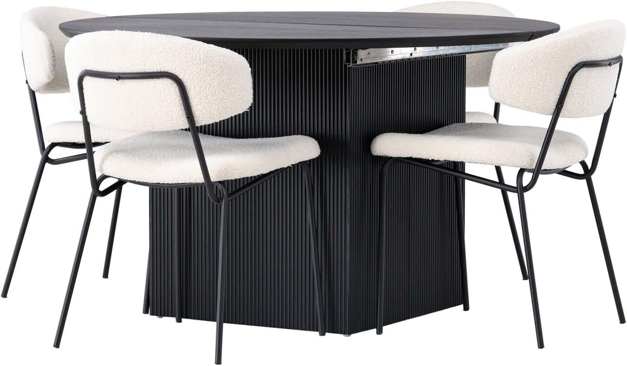 Stilvolles Esszimmerset Matilda + Chico, Ø130cm, 4 komfortable Stühle, skandinavisches Design, nachhaltige Materialien, ideal für gesellige Runden.