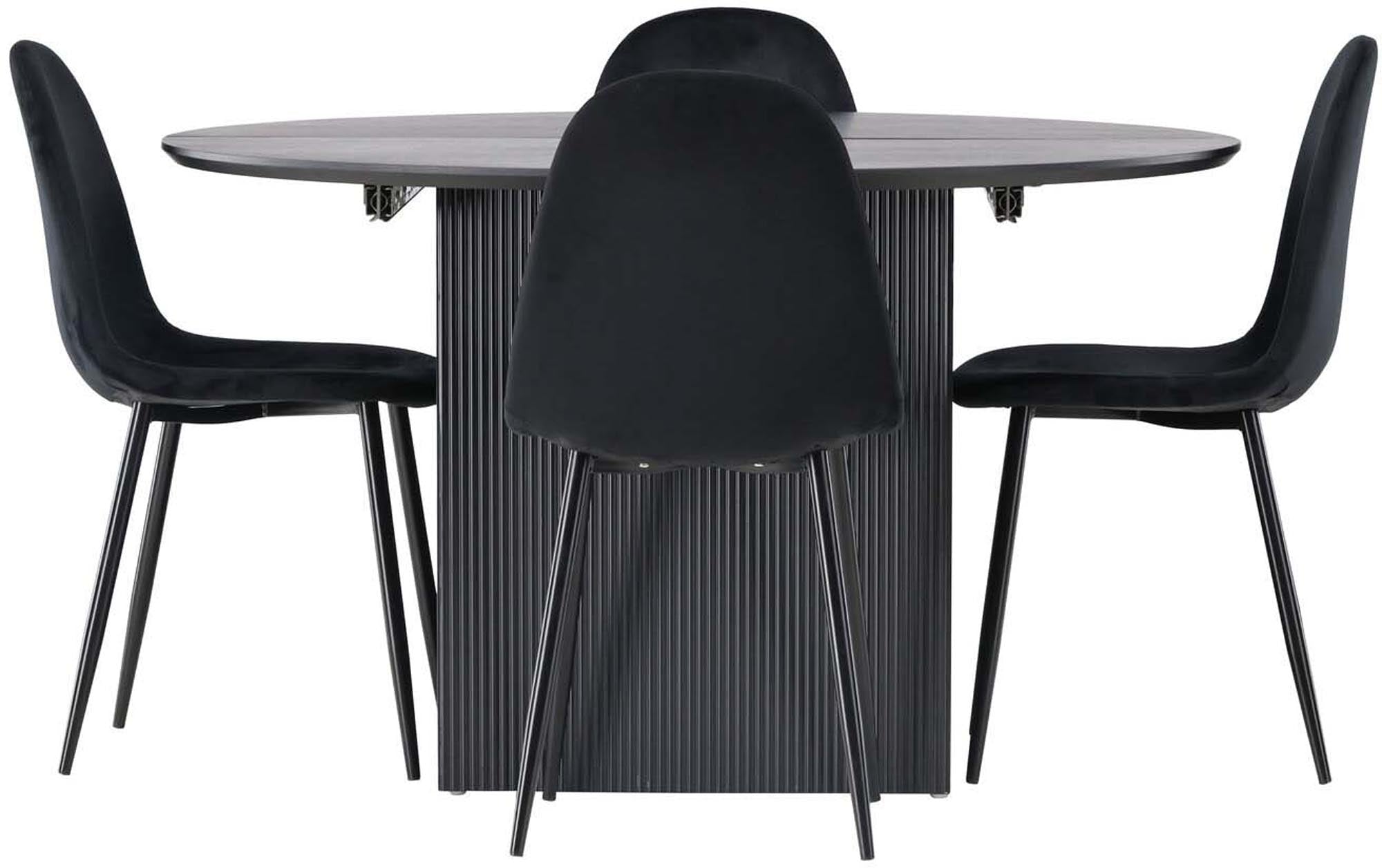 Entdecken Sie das elegante Matilda Esszimmerset mit runden 130 cm Tisch und 4 komfortablen Polar-Stühlen für stilvolle Dinner und gesellige Abende.