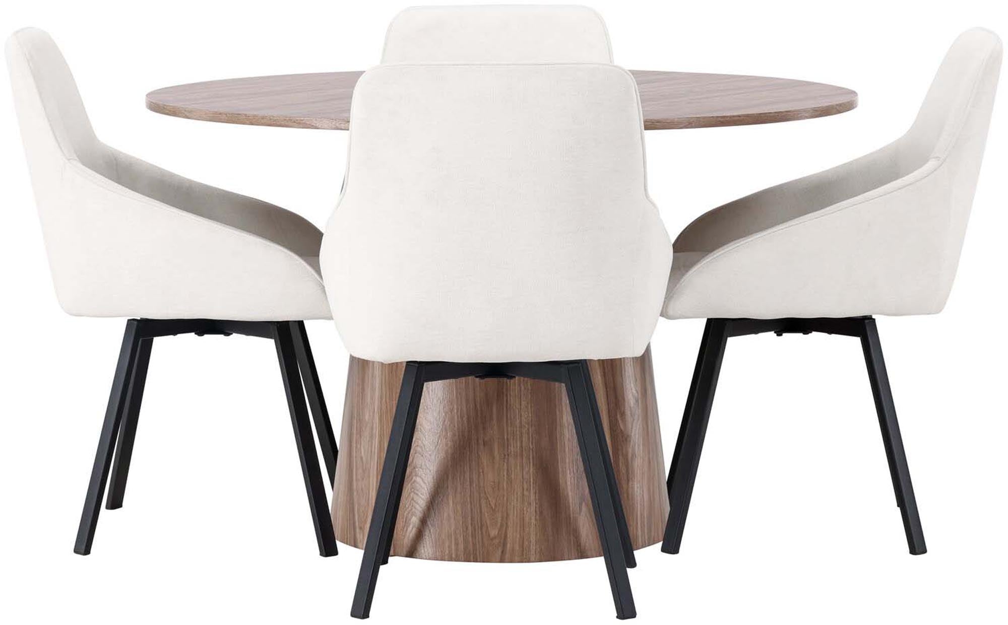 Stilvolles Esszimmerset Lanzo + Rosie: Moderner runder Tisch und komfortable Stühle für einladende Dinner und entspannte Frühstücke.