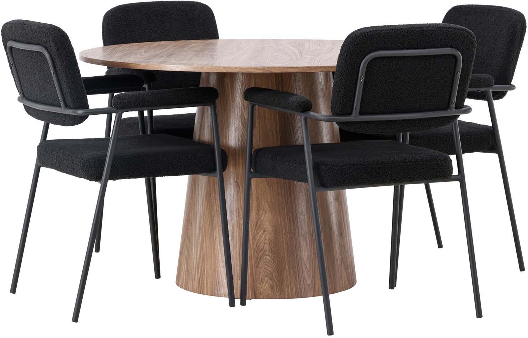 Erleben Sie das stilvolle Lanzo Esszimmerset von Venture Home: Ein runder Tisch und bequeme Stühle für ein modernes und einladendes Esszimmer.