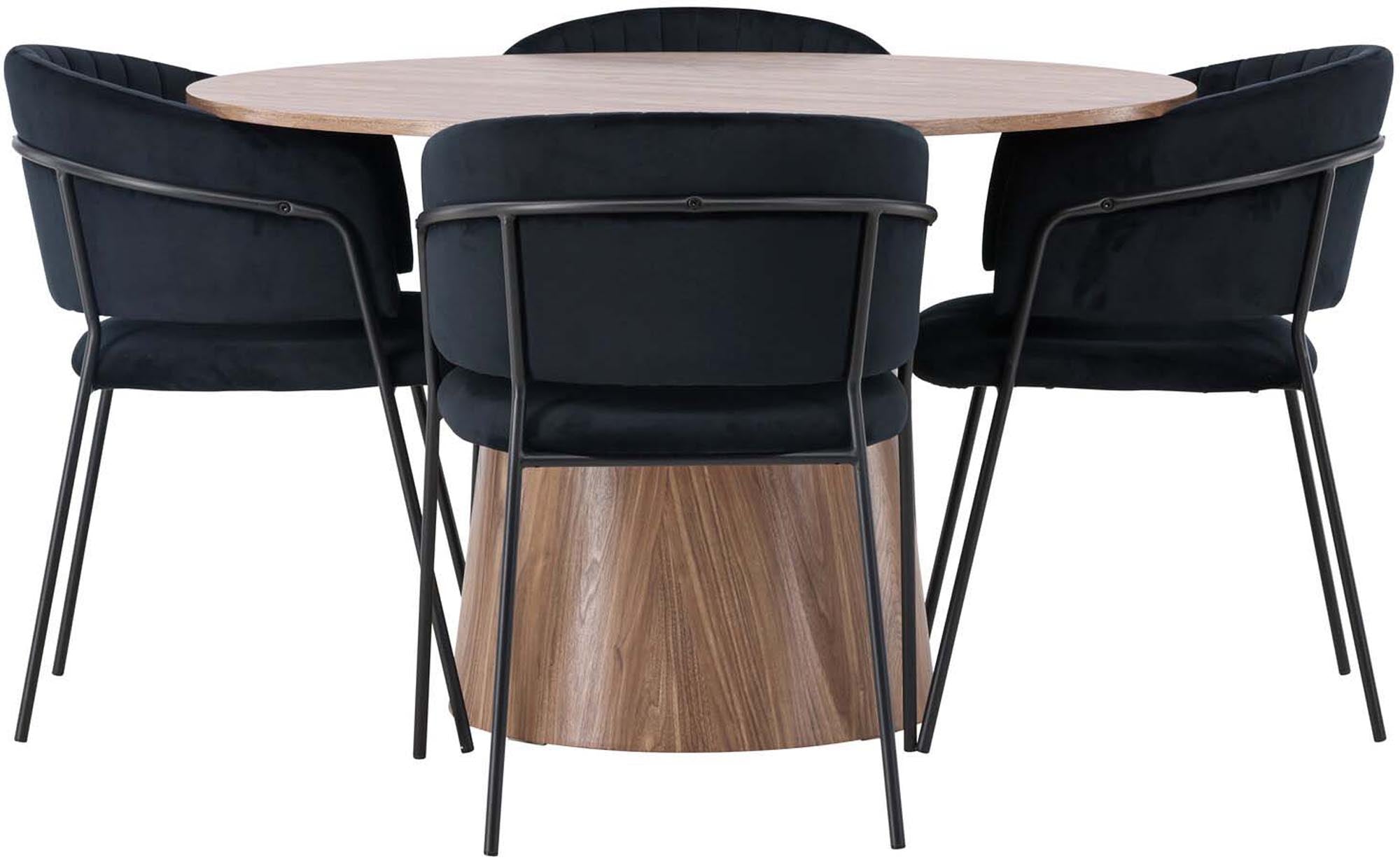 Stilvolles Esszimmerset Lanzo + Selma: Robuster Tisch und komfortable Stühle für gesellige Runden und einladende Atmosphäre.