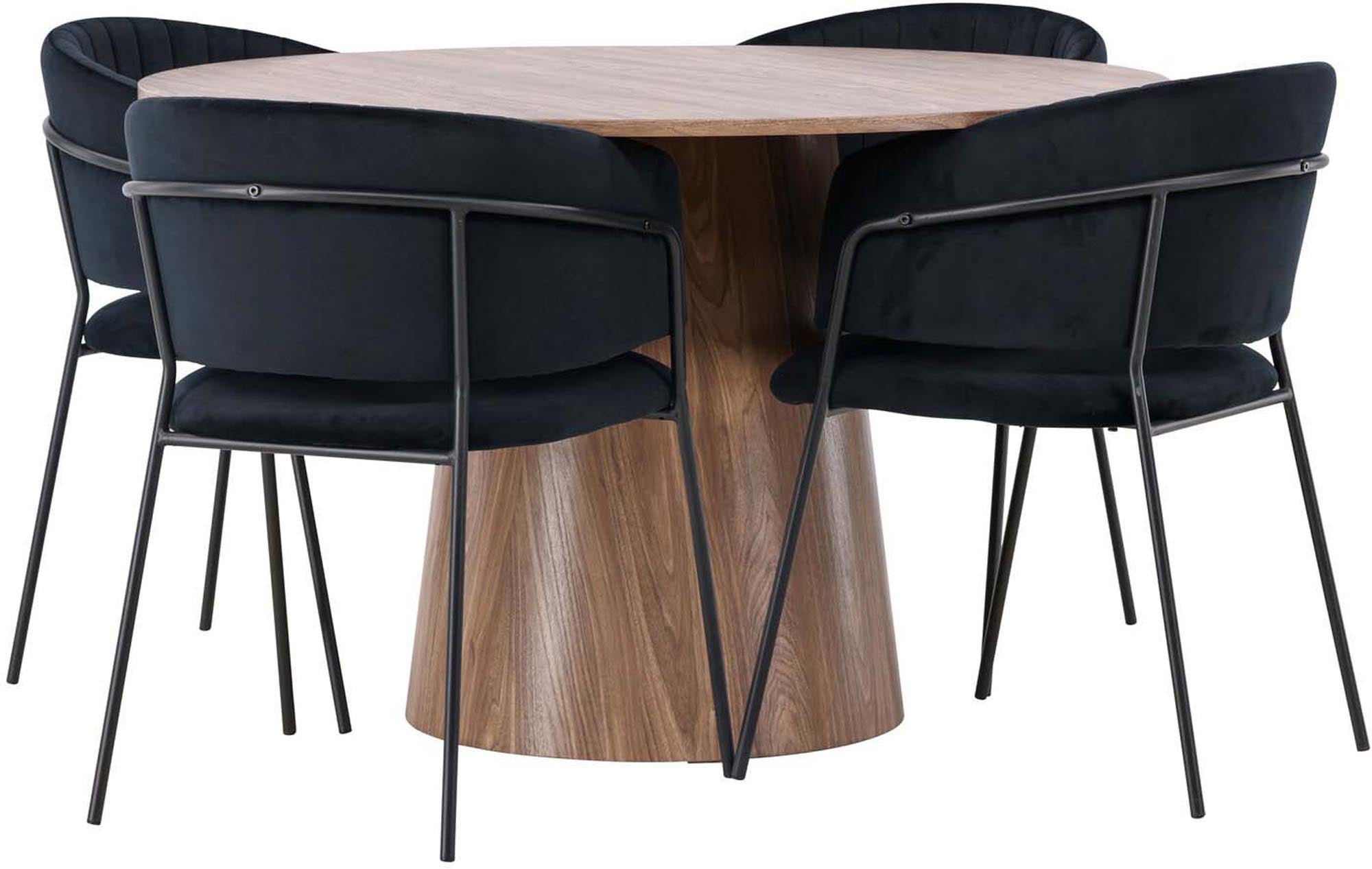 Elegantes Esszimmerset mit 120 cm rundem Tisch aus MDF und komfortablen Samtstühlen. Ideal für gesellige Runden und stilvolle Einrichtung.