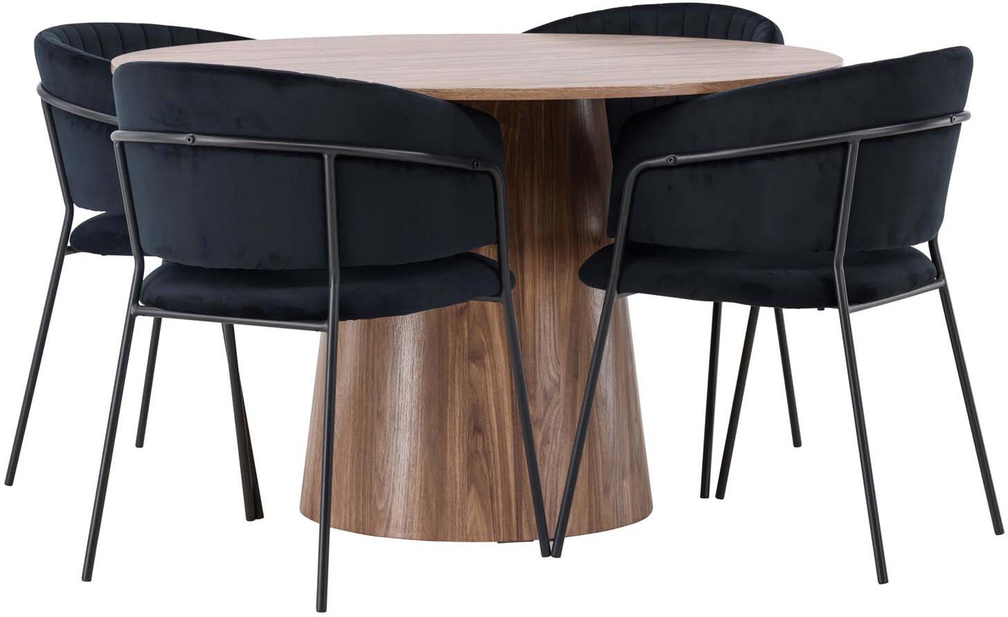 Elegantes Esszimmerset Lanzo & Selma: Runder Tisch mit robustem Gestell und komfortable Samtstühle für einladende Dinner-Atmosphäre.