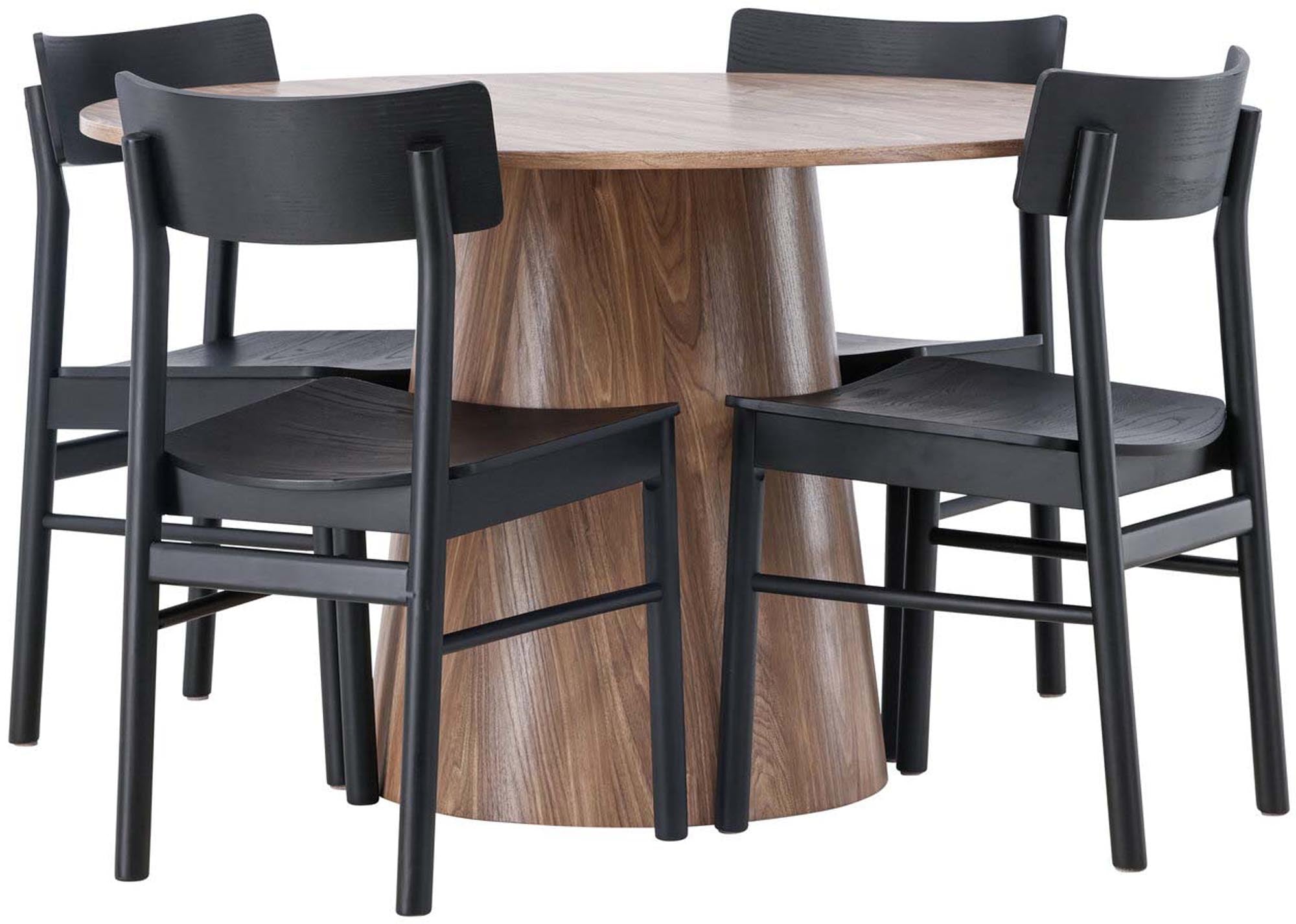 Elegantes Esszimmerset mit 120 cm Tisch und 4 komfortablen Montros-Stühlen. Ideal für skandinavisches Flair und unvergessliche Momente.