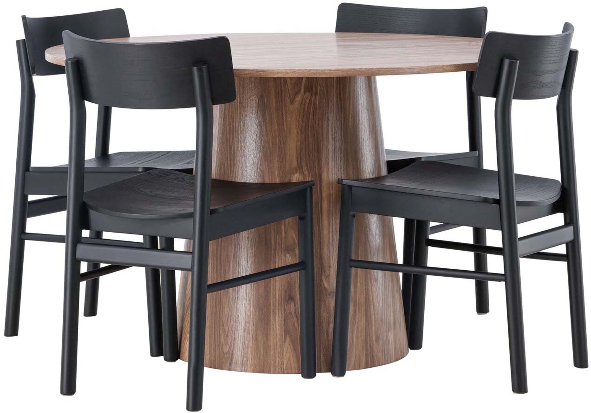 Erleben Sie skandinavische Eleganz mit dem Lanzo Esszimmerset: runder Tisch (120 cm) und 4 ergonomische Montros-Stühle für stilvolle Essmomente.