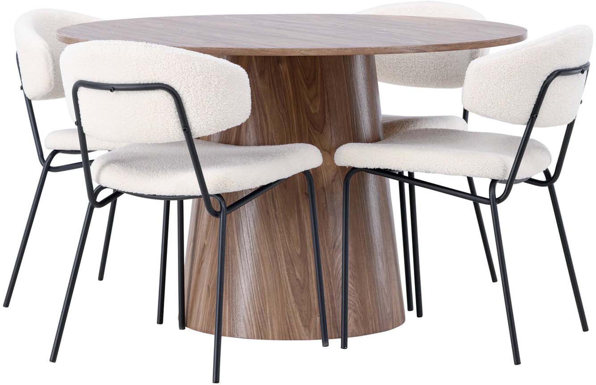 Entdecken Sie das Lanzo Esszimmerset + Chico: Stilvoller runder Tisch und komfortable Stühle für einladende Esszimmer-Momente.