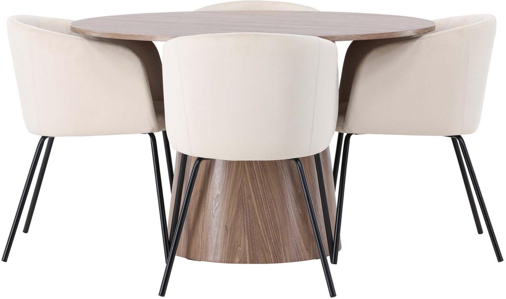 Stilvolles Lanzo Esszimmerset: Runder Tisch mit 4 Berit Stühlen.