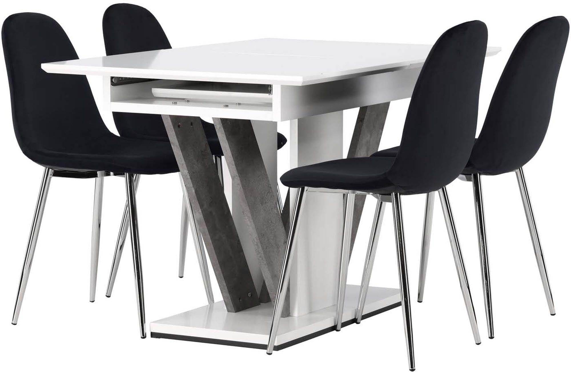 Entdecken Sie das Disa Esszimmerset von Venture Home: Ausziehbarer Esstisch und elegante Polar-Stühle für stilvolle Esszimmermomente.