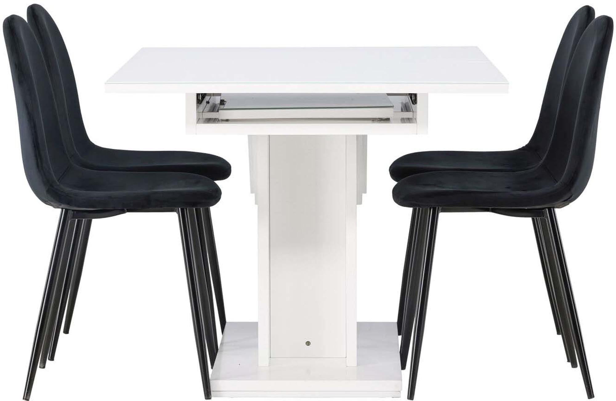 Pluto Esszimmerset: Ausziehbarer Tisch aus MDF mit Glasplatte und bequeme Polar-Stühle für stilvolle und flexible Esszimmergestaltung.