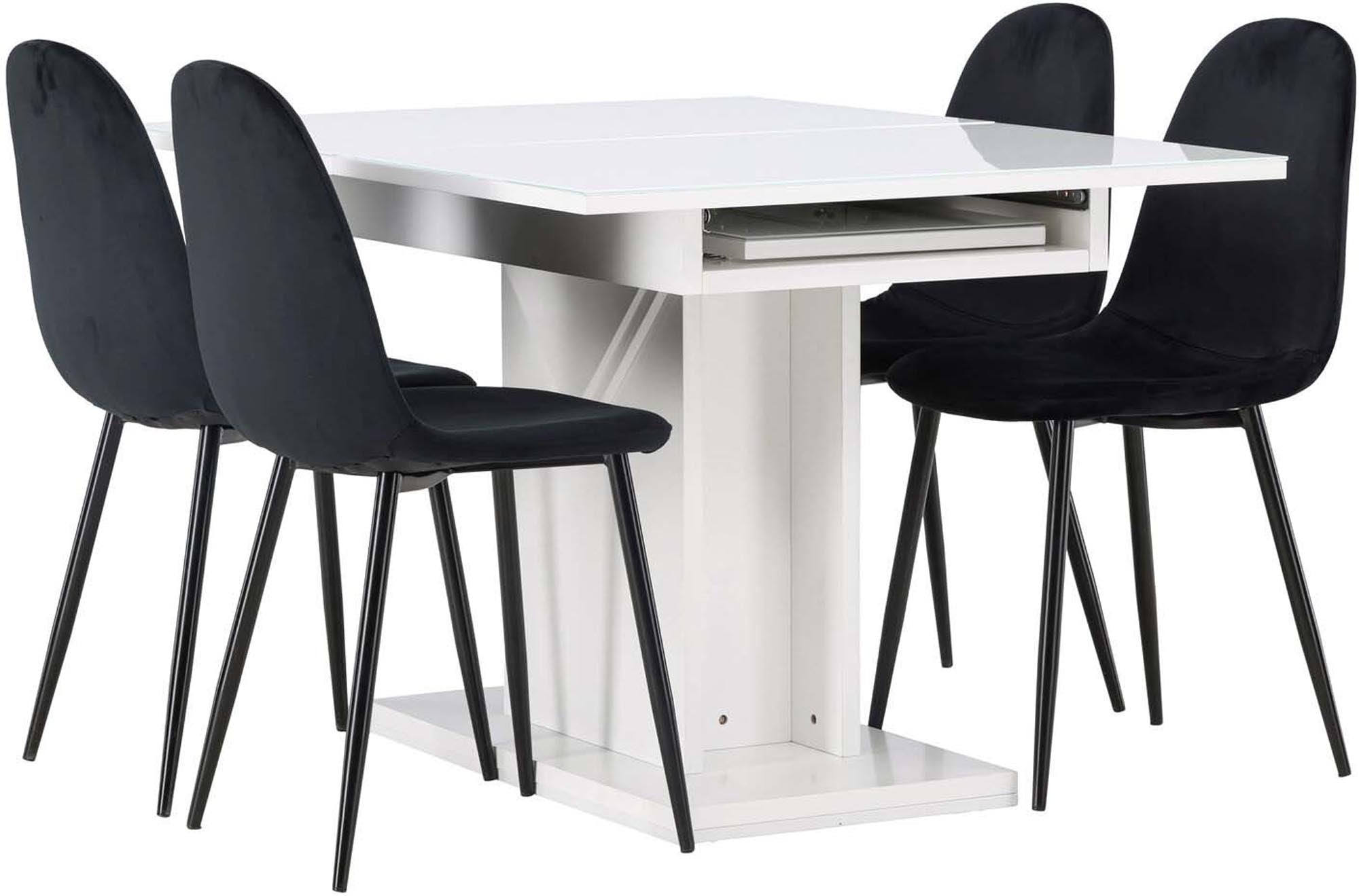 Pluto Esszimmerset: Ausziehbarer Tisch mit stilvoller Glasplatte und bequemen Polar-Stühlen für ein einladendes Esszimmerambiente.