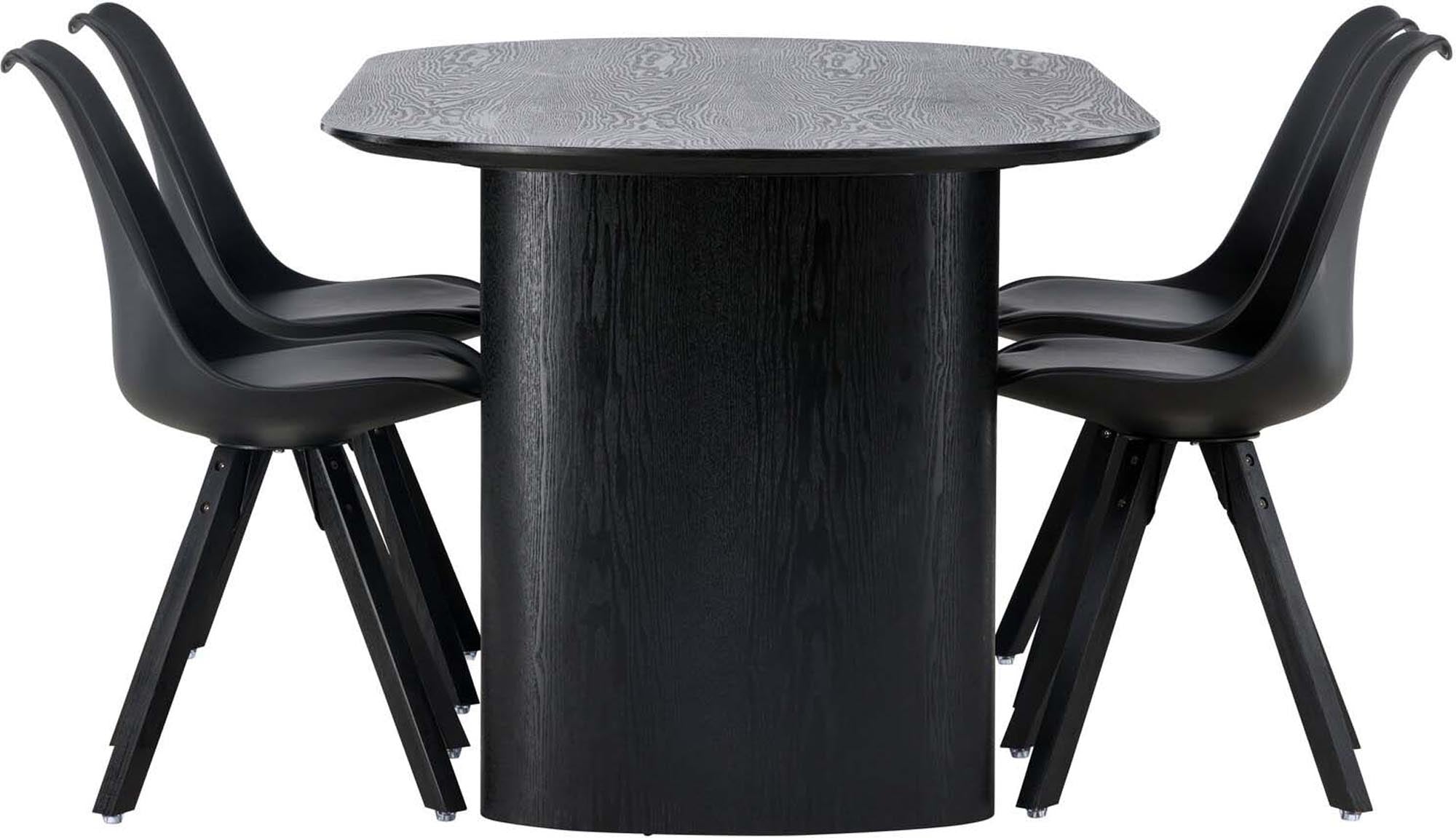 Elegantes Esszimmerset: Schwarzer ovaler Tisch, 4 komfortable Stühle, modernes Design, ideal für gesellige Runden.