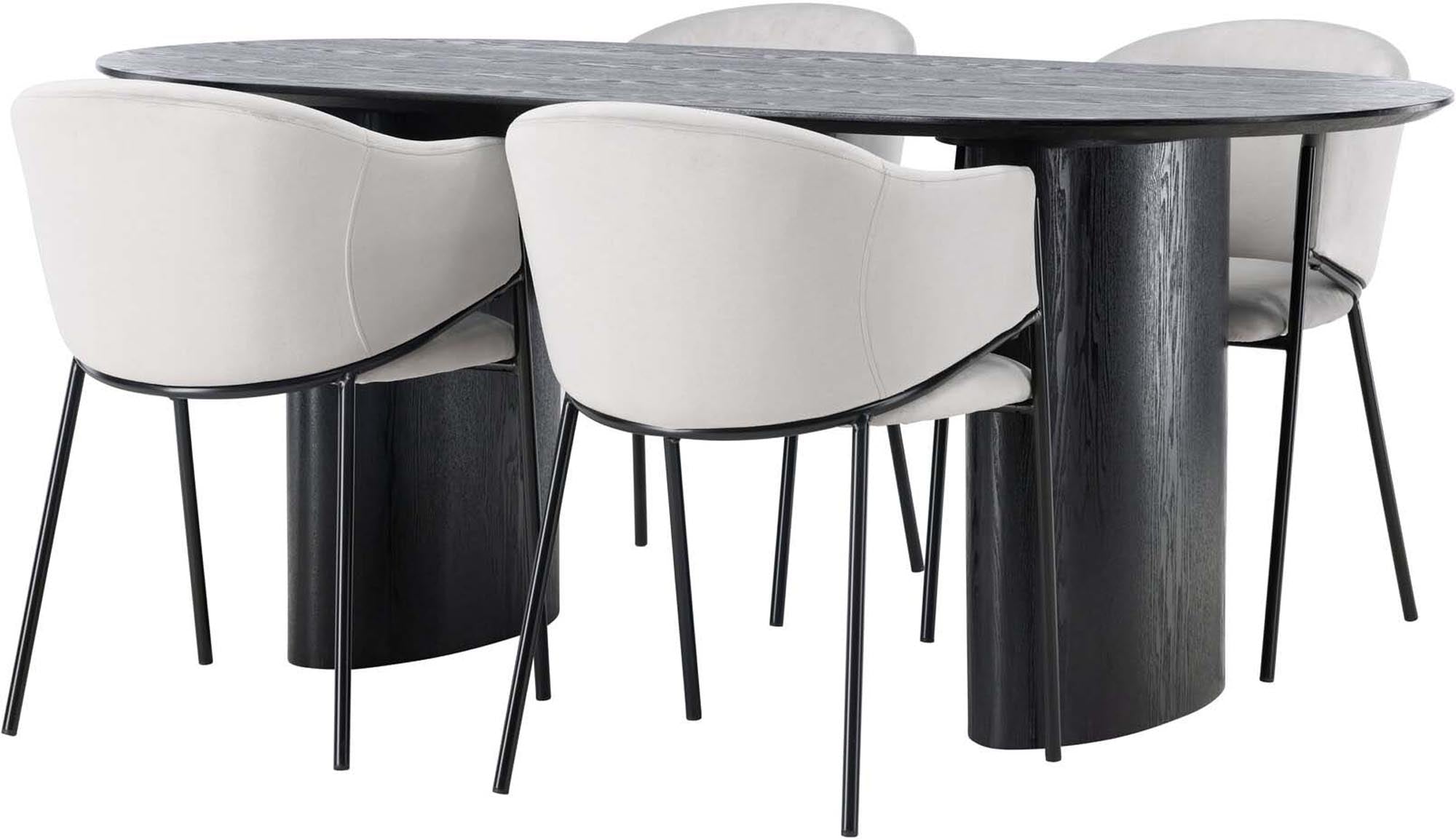 Isolde Esszimmerset + Evelina: Moderner Esstisch mit pflegeleichter Tischplatte und bequemen Samtstühlen für stilvolle Essmomente.