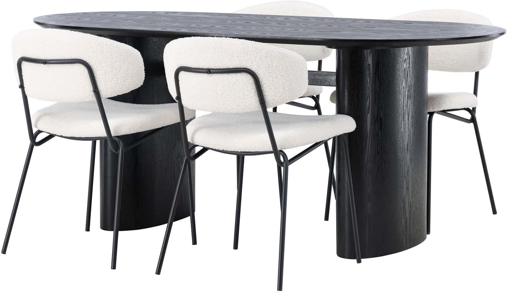 Isolde Esszimmerset + Chico: Stilvolles nordisches Design mit großzügiger Tischplatte und komfortablen Stühlen für gesellige Abende.