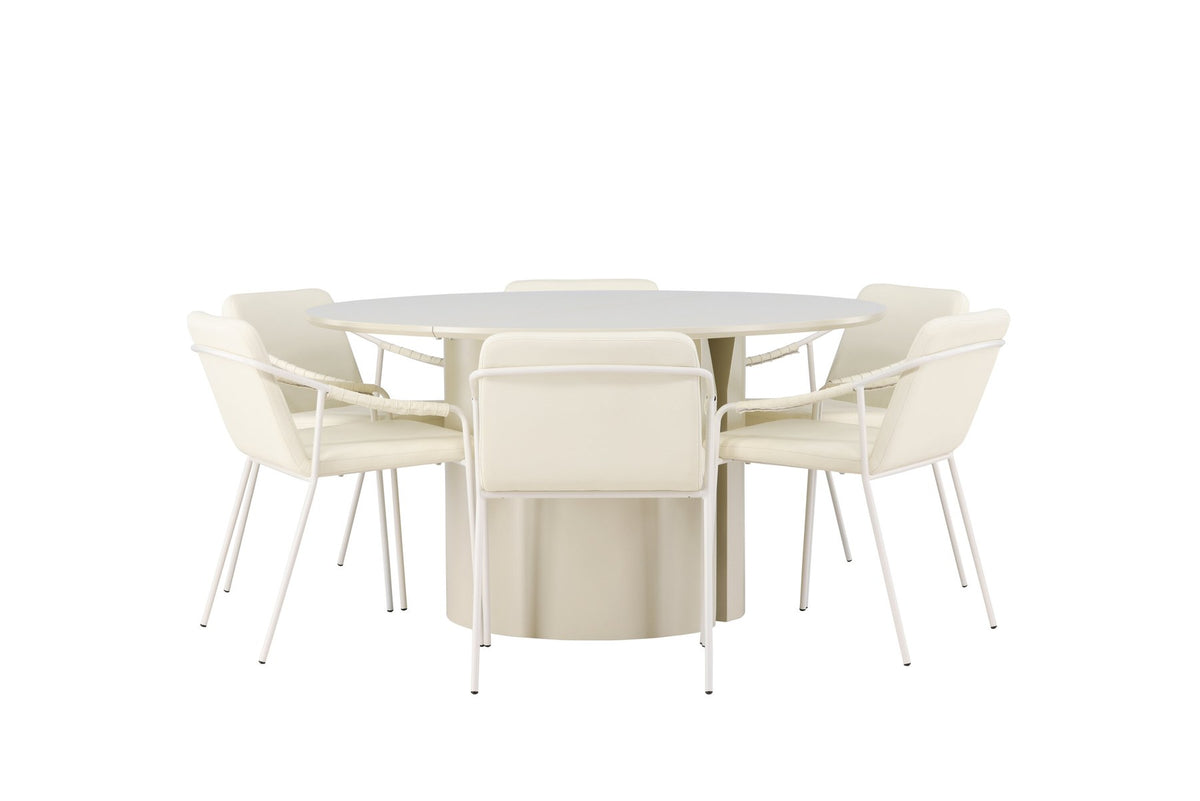 Esszimmerset Tvist & Sandvik: zwei Stühle mit beigem PU-Bezug und Eisenbeinen sowie runder MDF-Esstisch in Beige mit Ø140cm.