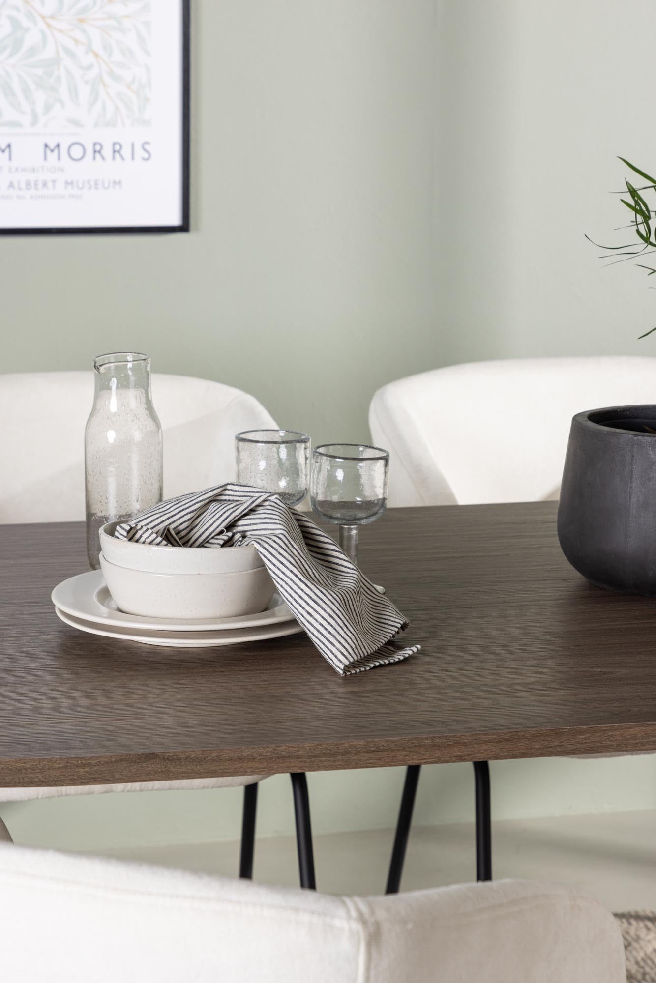 Stilvolles Andy Esszimmerset: Ovale Tischplatte (180x75 cm) aus MDF, robuste Stahlbeine, 4 komfortable Stühle mit hochwertigem Leinenbezug.