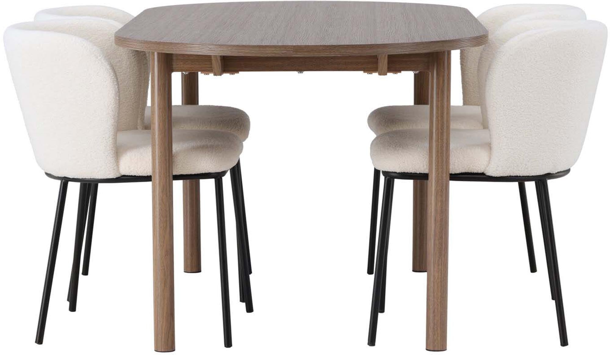 Elegantes Andy Esszimmerset mit 180 cm ovalem Tisch aus robustem MDF und Stahl, inklusive 4 komfortablen Edina Stühlen in edlem Bouclé-Stoff. Perfekt für gesellige Runden!