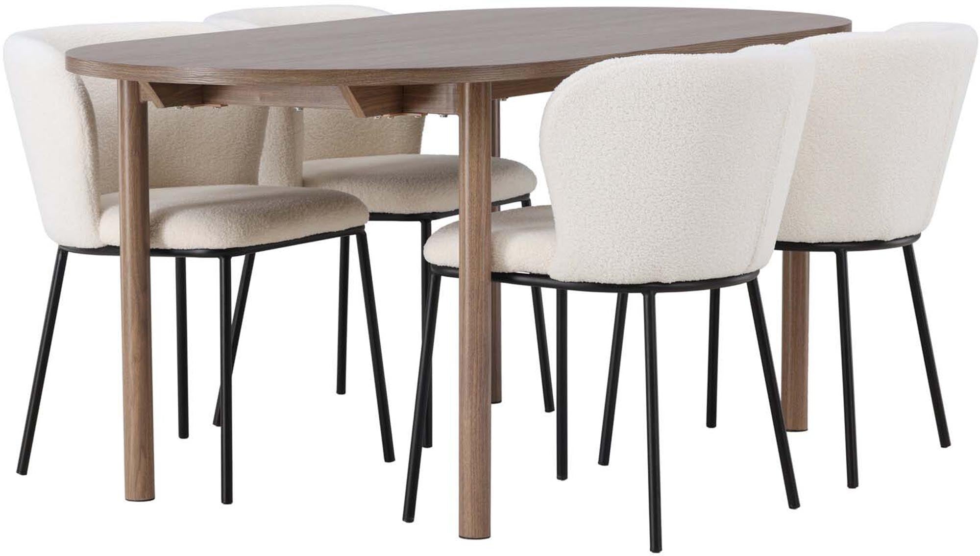Stilvolles Andy Esszimmerset mit ovalem 180 cm Tisch aus MDF und Stahl, ergänzt durch 4 luxuriöse Edina Stühle in elegantem Bouclé-Stoff. Ideal für gesellige Abende!