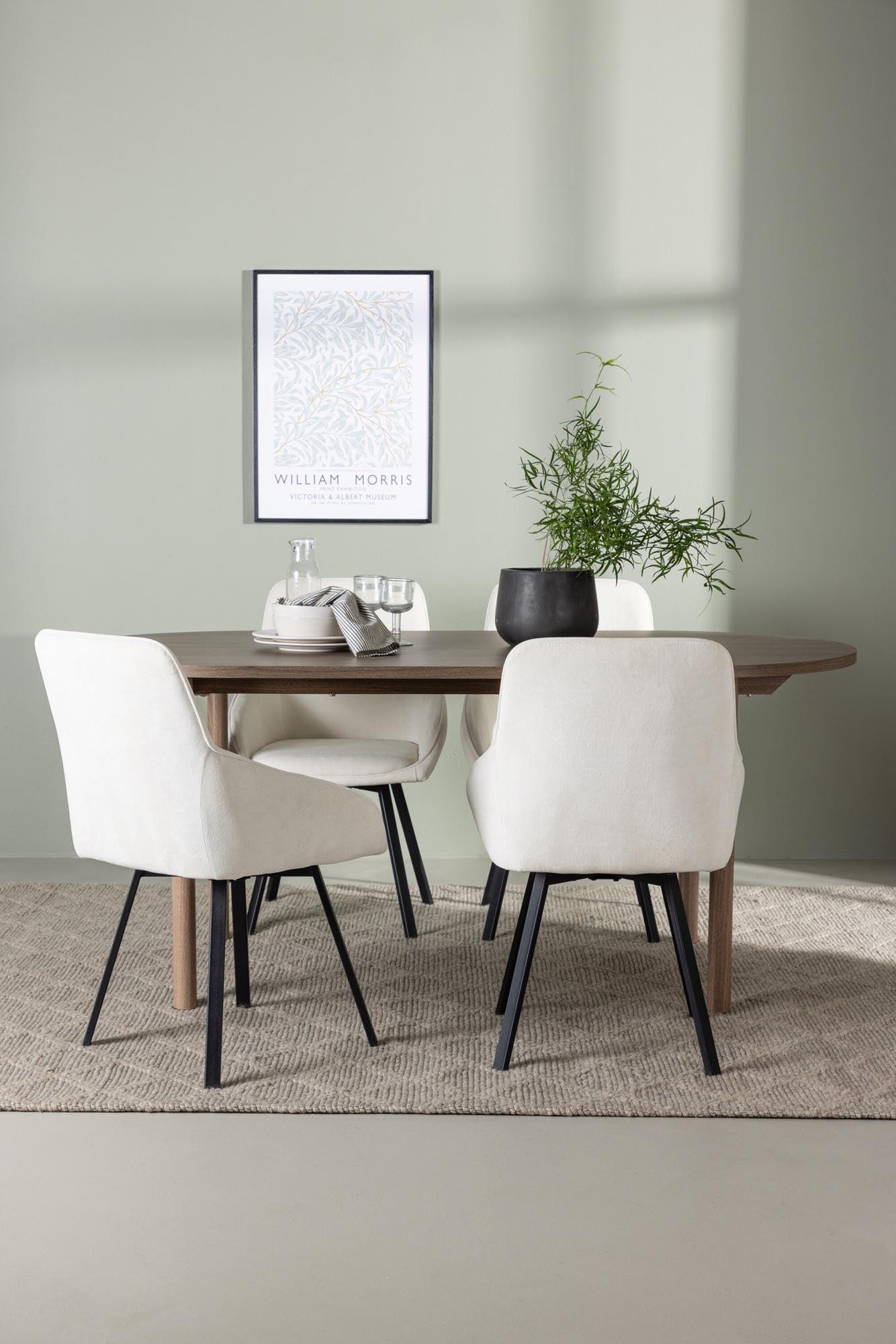 Stilvolles Andy Esszimmerset mit 180 cm ovalem Tisch und 4 komfortablen Rosie-Stühlen. Perfekte Kombination aus Eleganz und Funktionalität.