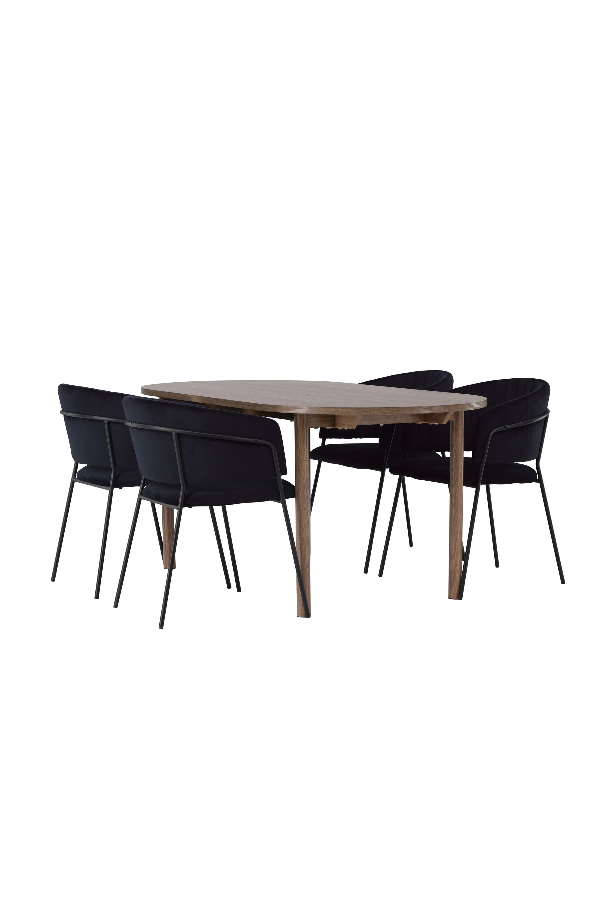Esszimmer Set Andy: Moderner Tisch mit MDF-Platte, Stahlbeinen & eleganten, gepolsterten Stühlen in schwarzem Samt.