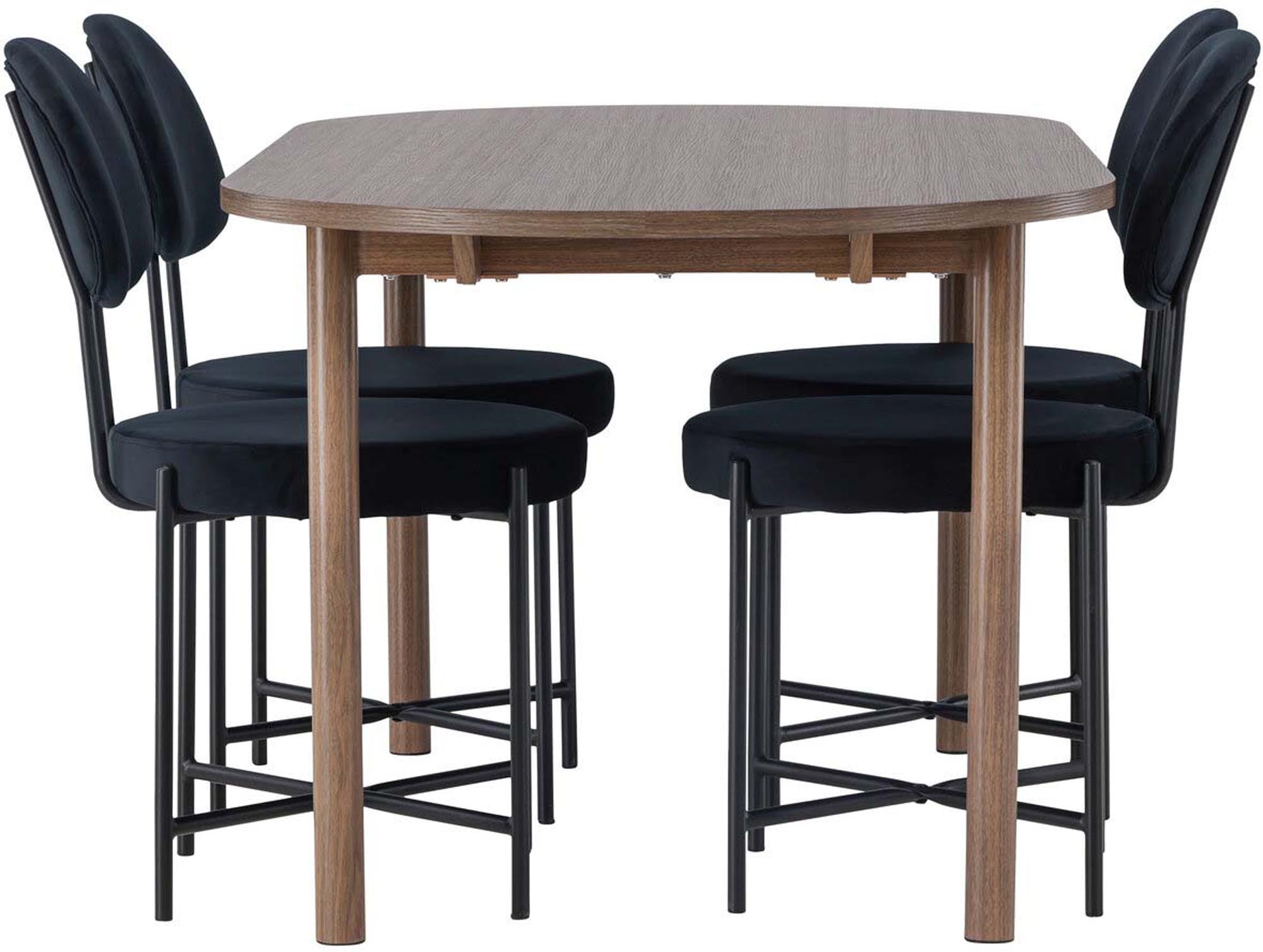 Stilvolles Andy Esszimmerset mit ovalem 180 cm Tisch und 4 eleganten Stella Stühlen aus schwarzem Samt. Perfekt für gesellige Runden und festliche Anlässe.
