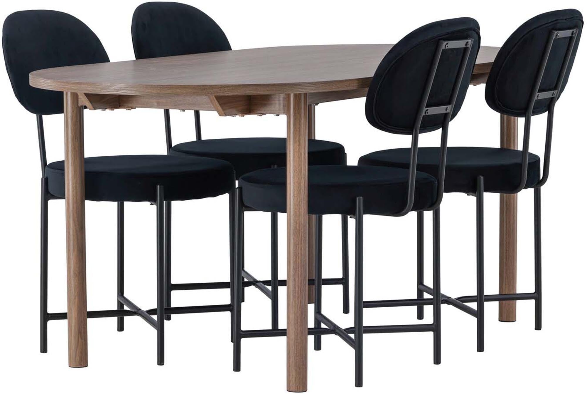 Modernes Andy Esszimmerset mit 180 cm ovalem Tisch und 4 stilvollen Stella Stühlen aus schwarzem Samt. Ideal für gemütliche Mahlzeiten und besondere Anlässe.