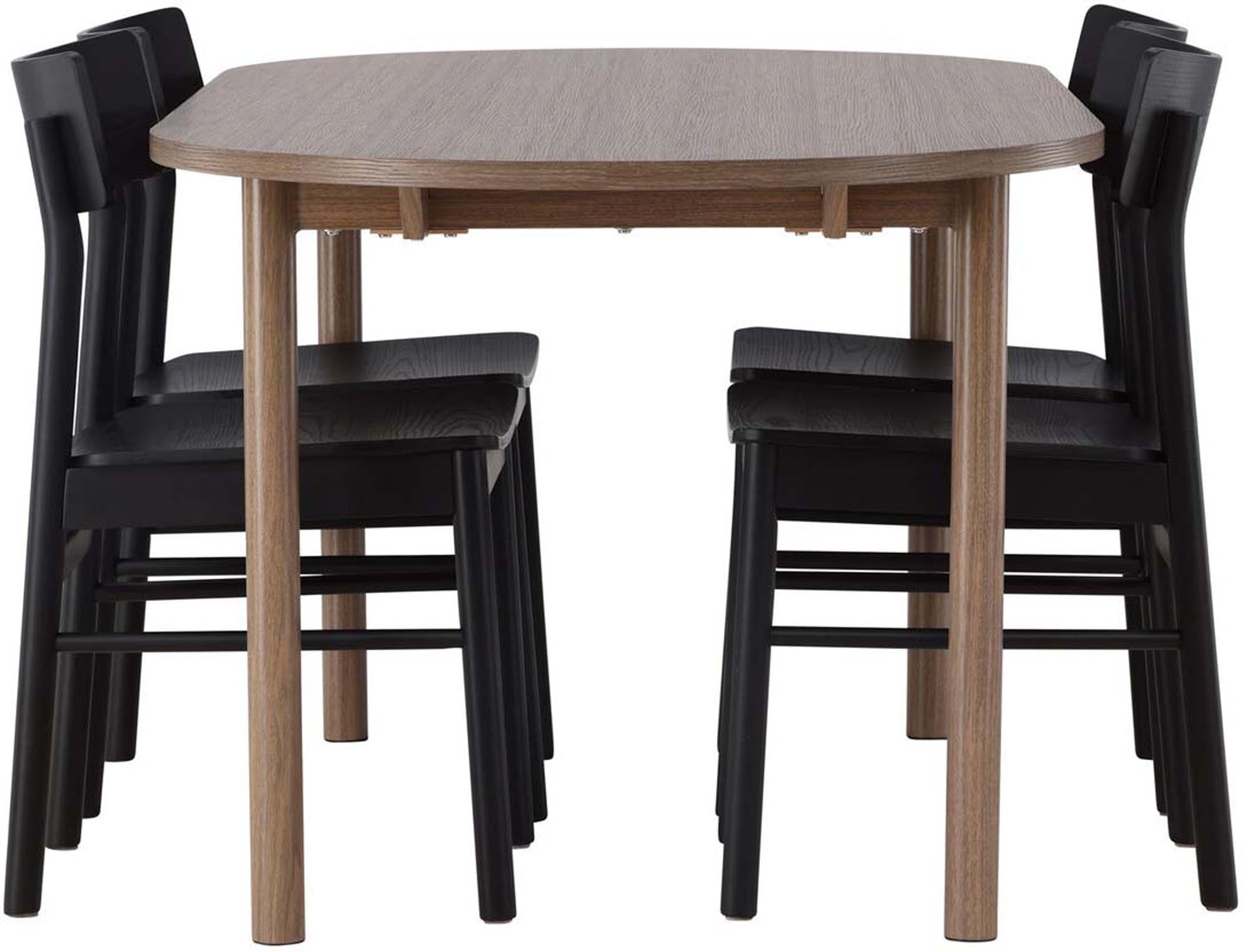 Stilvolles Esszimmerset Andy mit ovalem Tisch und 4 eleganten Montros-Stühlen. Ideal für gesellige Momente und modernes Wohnen.