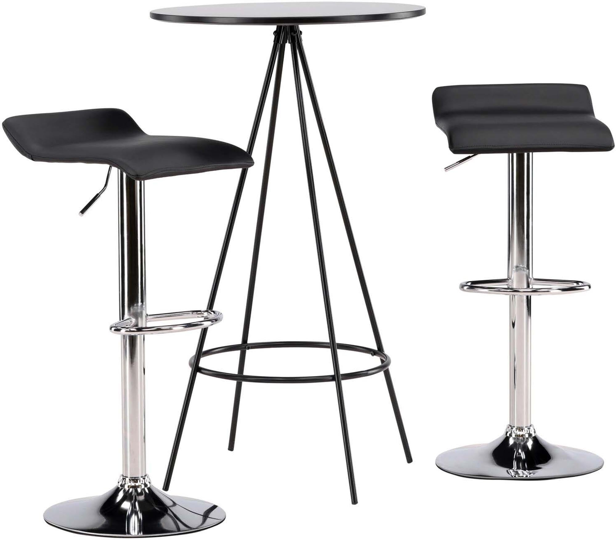 Elegantes Barset mit skandinavischem Design: 60cm Tisch, schwarze MDF-Platte, stabile Metallbeine, Jonna-Barhocker.