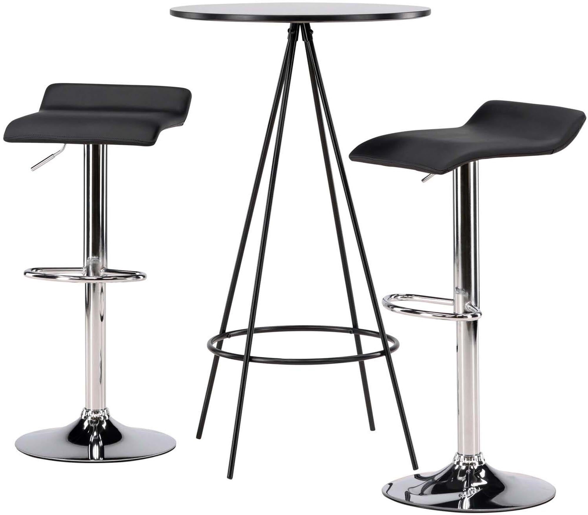 Elegantes Barset mit skandinavischem Design: 60cm Tisch, schwarze MDF-Platte, stabile Metallbeine, Jonna-Barhocker.