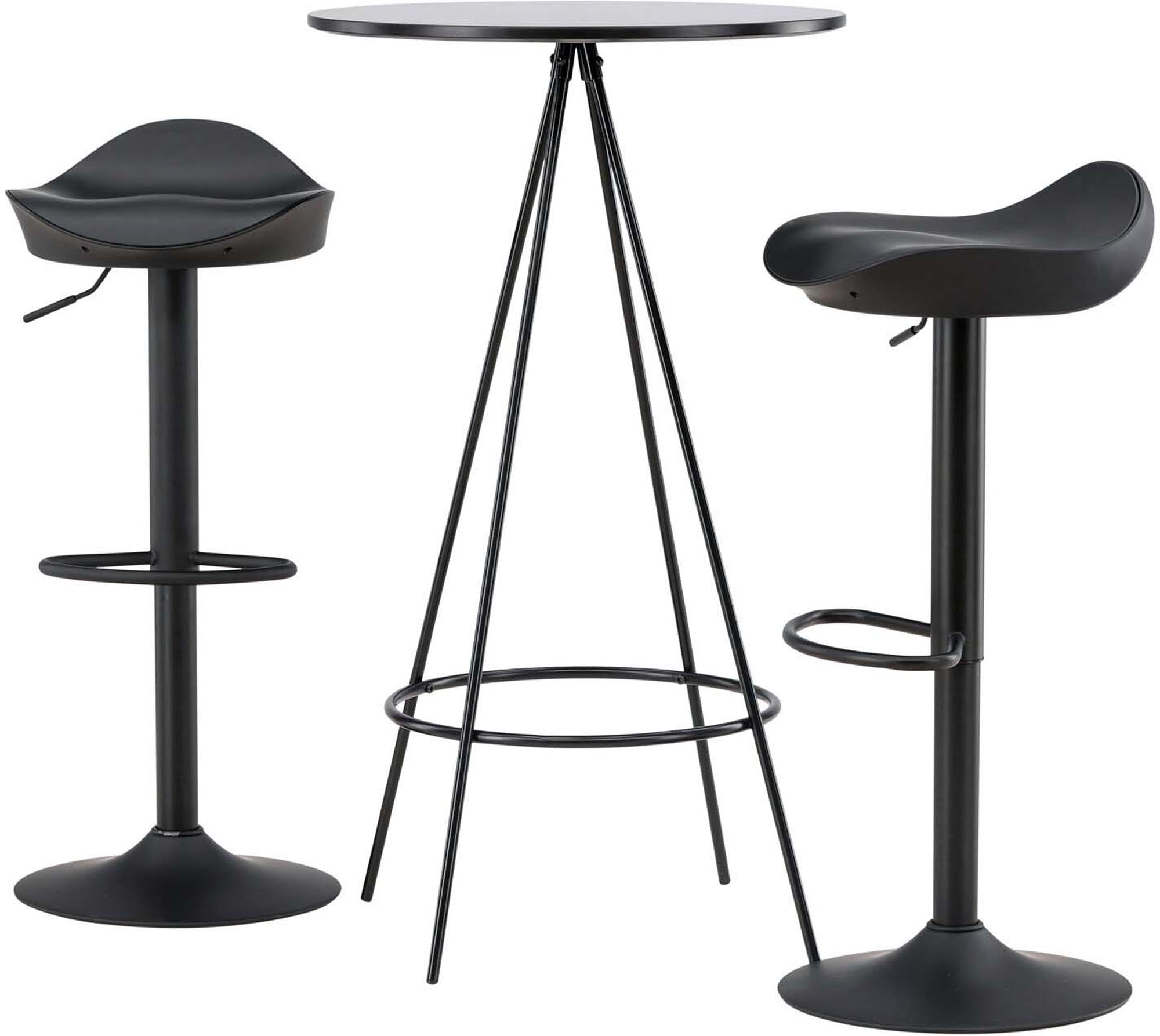 Elegantes Barset mit schwarzem MDF-Tisch, Stahlbeinen und Adesto-Barhockern. Perfekt für modernes, skandinavisches Ambiente.