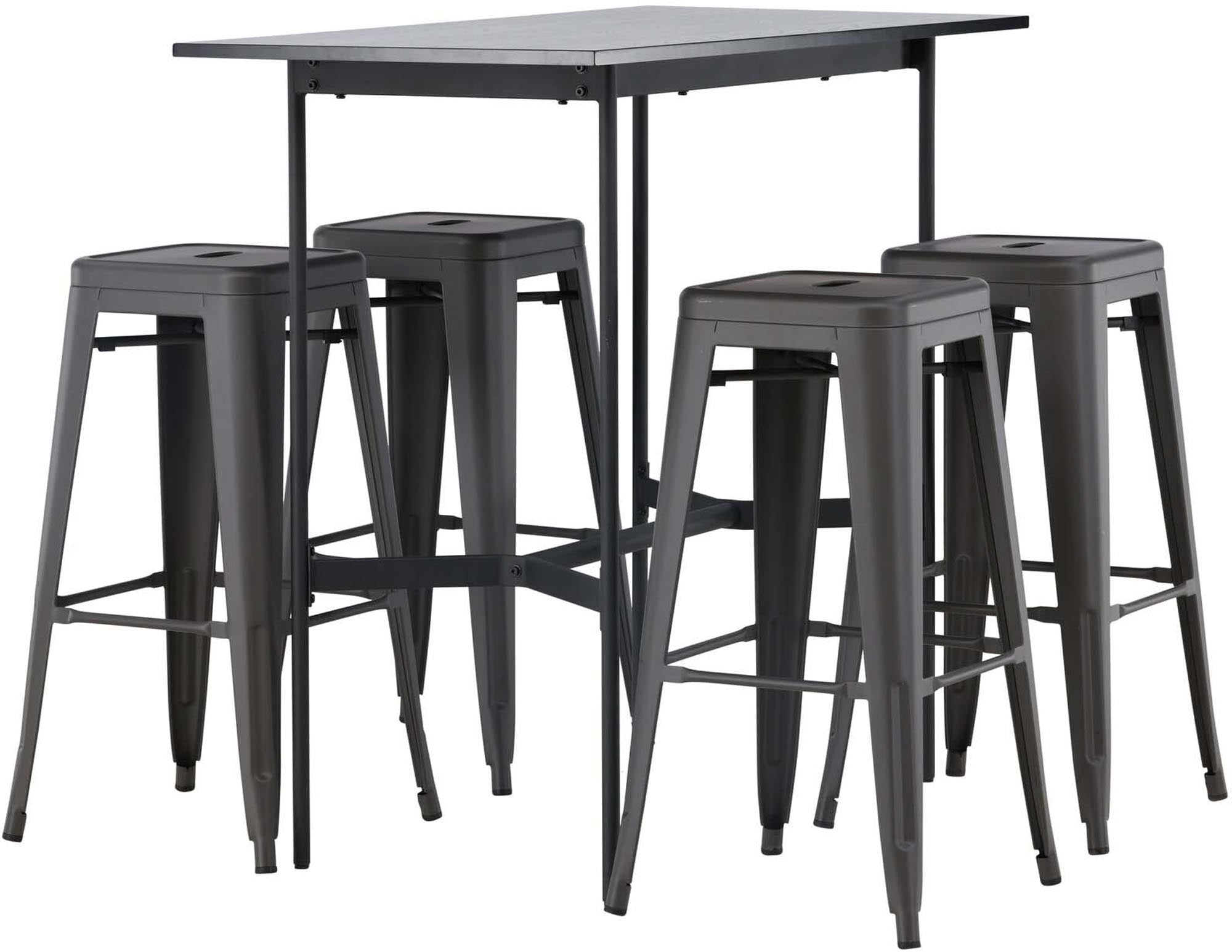 Elegantes Barset Rax + Tempe 120cm mit 4 stilvollen Barhockern. Ideal für gesellige Abende, modernes Design und pflegeleichte Materialien.