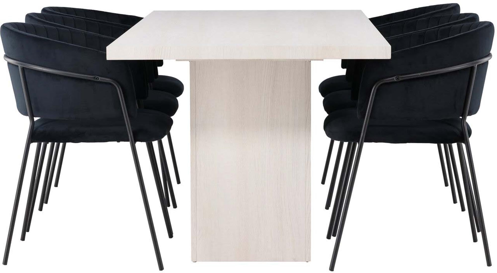 Stilvolles Olga Esszimmerset mit 200cm Esstisch und 6 eleganten Samtstühlen in Schwarz-Weiss. Ideal für moderne Essbereiche, komfortabel und langlebig.