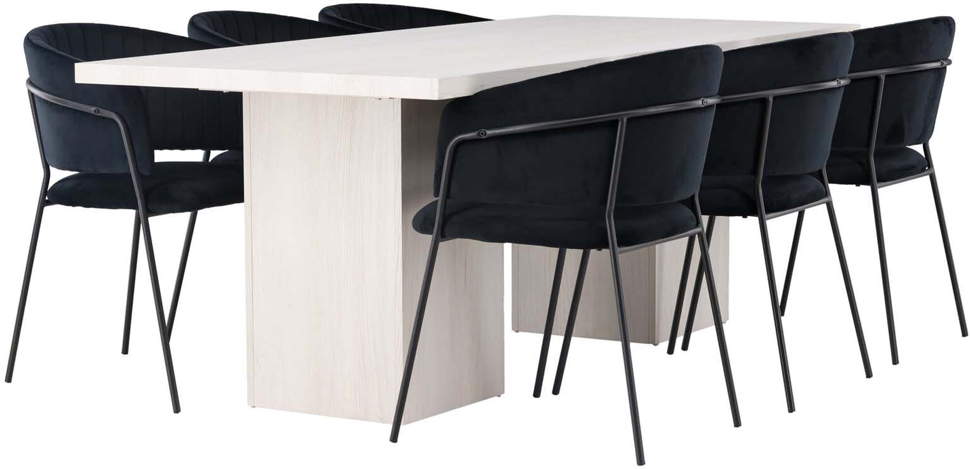 Elegantes Olga Esszimmerset mit 200 cm Tisch und 6 stilvollen Samtstühlen. Perfekt für moderne Esszimmer, vereint Komfort und Design.