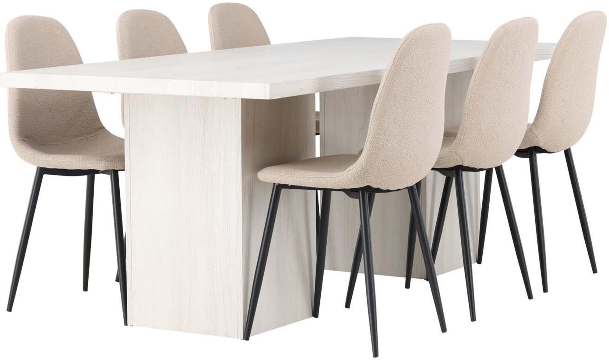 Stilvolles Esszimmerset mit 200 cm Tisch und 6 bequemen Polar-Stühlen. Perfekte Kombination aus skandinavischem Design und Funktionalität.