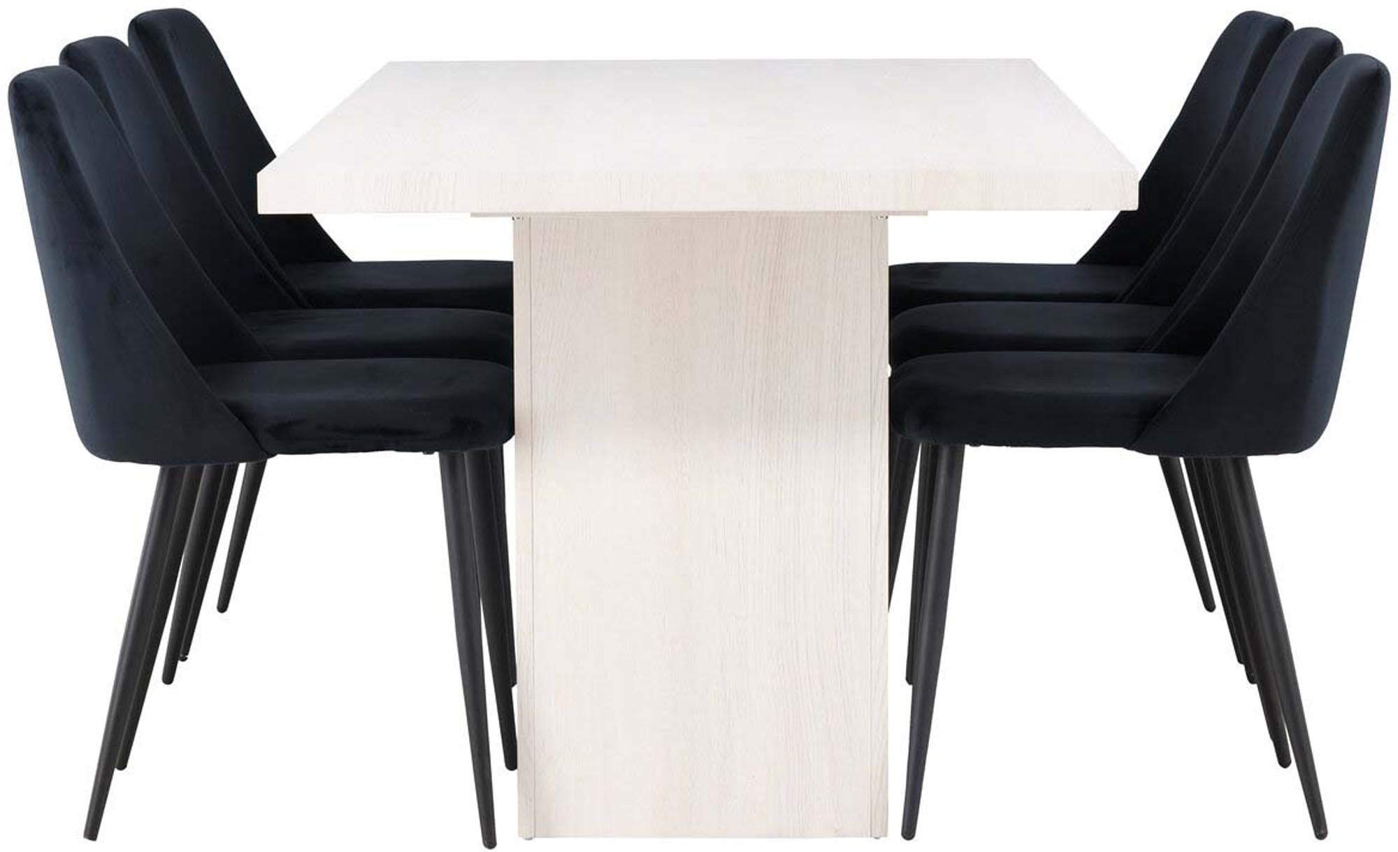 Elegantes Esszimmerset mit großzügigem Tisch (200x75cm) aus weißem MDF und 6 stilvollen Samtstühlen. Ideal für gesellige Abende!