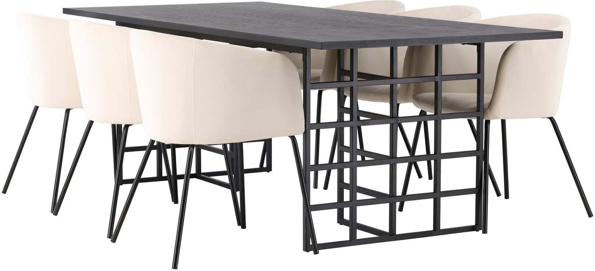 Ystad Esszimmerset + Berit: Stilvolles Esszimmer-Set mit großzügiger Tischplatte und luxuriösen Samt-Stühlen für unvergessliche Dinnerpartys.