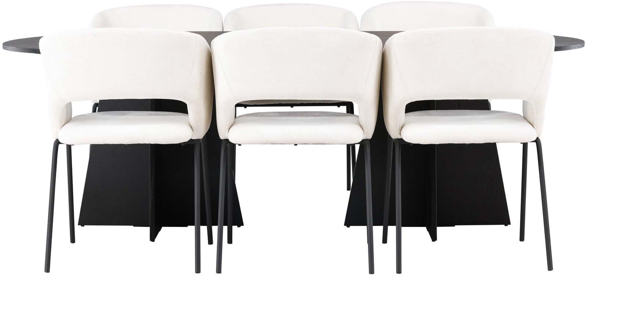 Elegantes Bootcut Esszimmerset von Venture Home: Grosser Tisch (115x230cm) mit MDF-Furnier, 6 gepolsterte Leinenstühle, stilvoll und funktional.