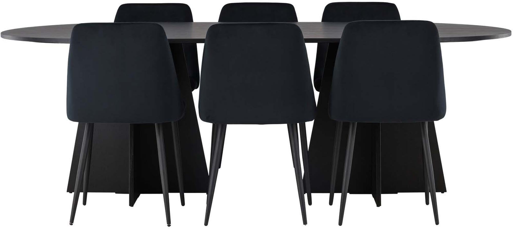 Elegantes Esszimmerset mit ovalem Tisch (115x230 cm) und 6 gepolsterten Stühlen in schwarzem Samt. Stilvoll und komfortabel.