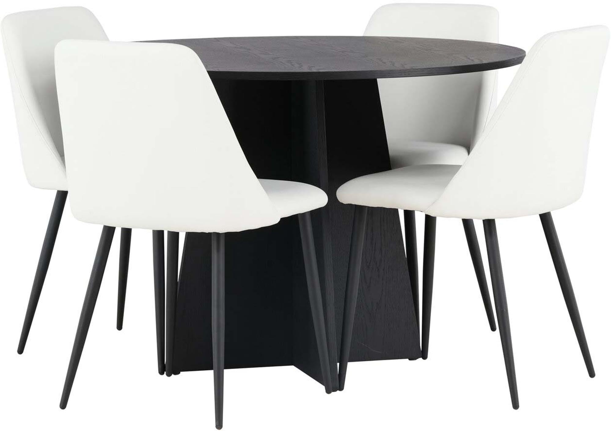 Entdecken Sie das Bootcut Esszimmerset von Venture Home: Ein runder Tisch und luxuriöse Samtstühle schaffen eine einladende Atmosphäre für gesellige Abende.