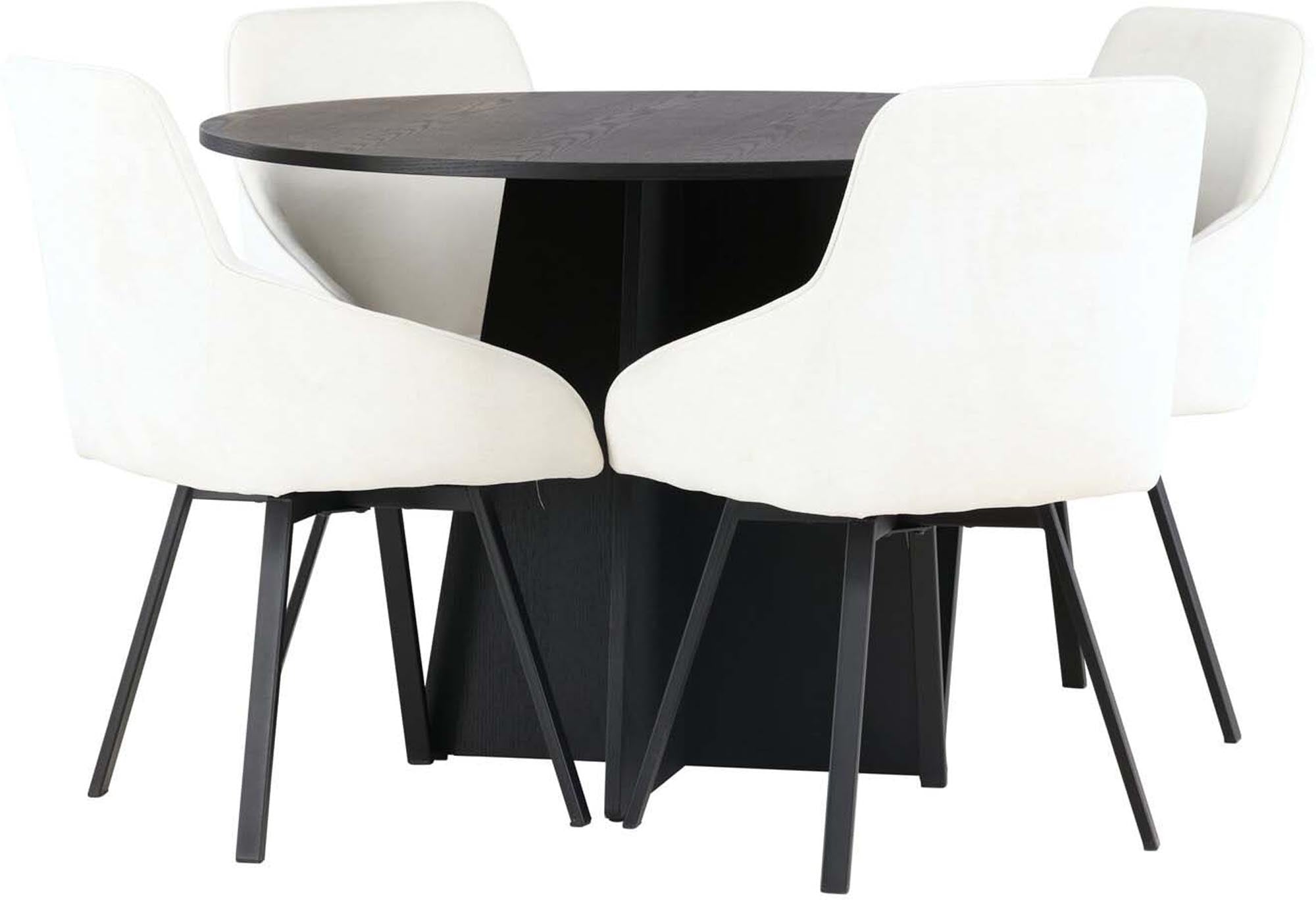 Elegantes Bootcut Esszimmerset + Rosie, Ø110cm mit 4 komfortablen Stühlen. Ideal für gesellige Runden und stilvolle Einrichtung.