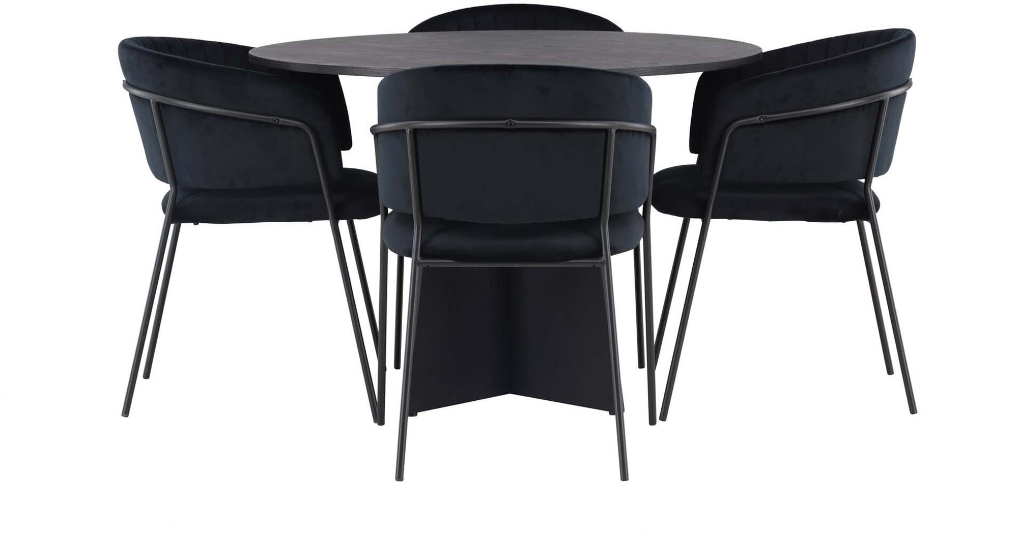 Entdecken Sie das Bootcut Esszimmerset + Selma von Venture Home: eleganter runder Esstisch und stilvolle Samtstühle für Ihr Zuhause.